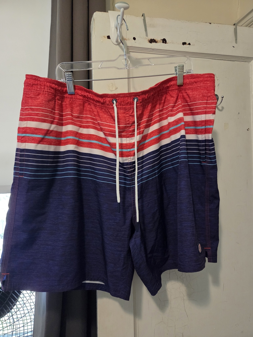 Men's Blue & Red Striped Swim Trunks with Drawstring